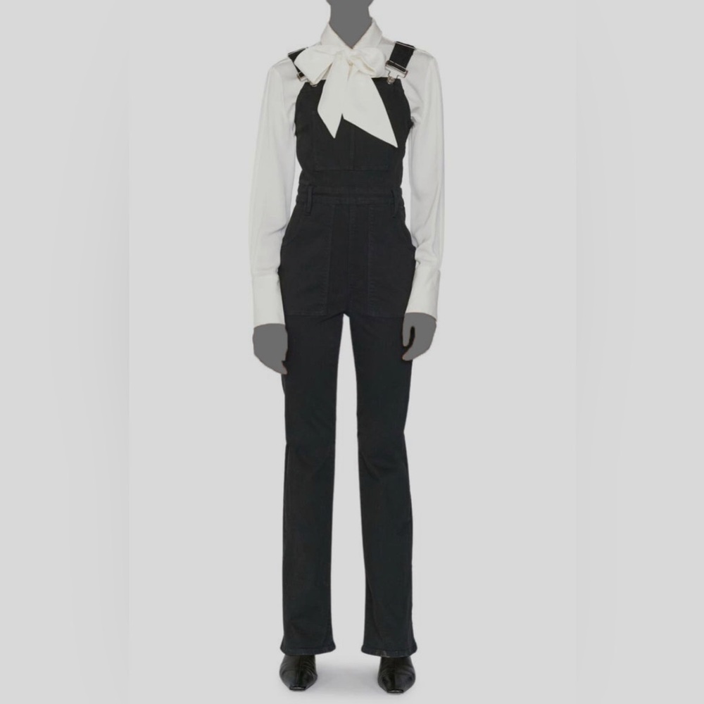 $398 Frame Women Black Noir Le High Flare Stretch Denim Jumpsuit Sz M